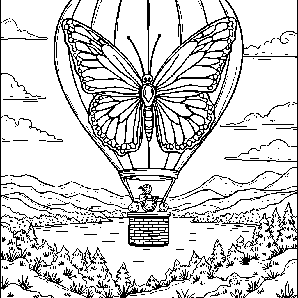 A butterfly riding a hot air balloon over a beautiful landscape