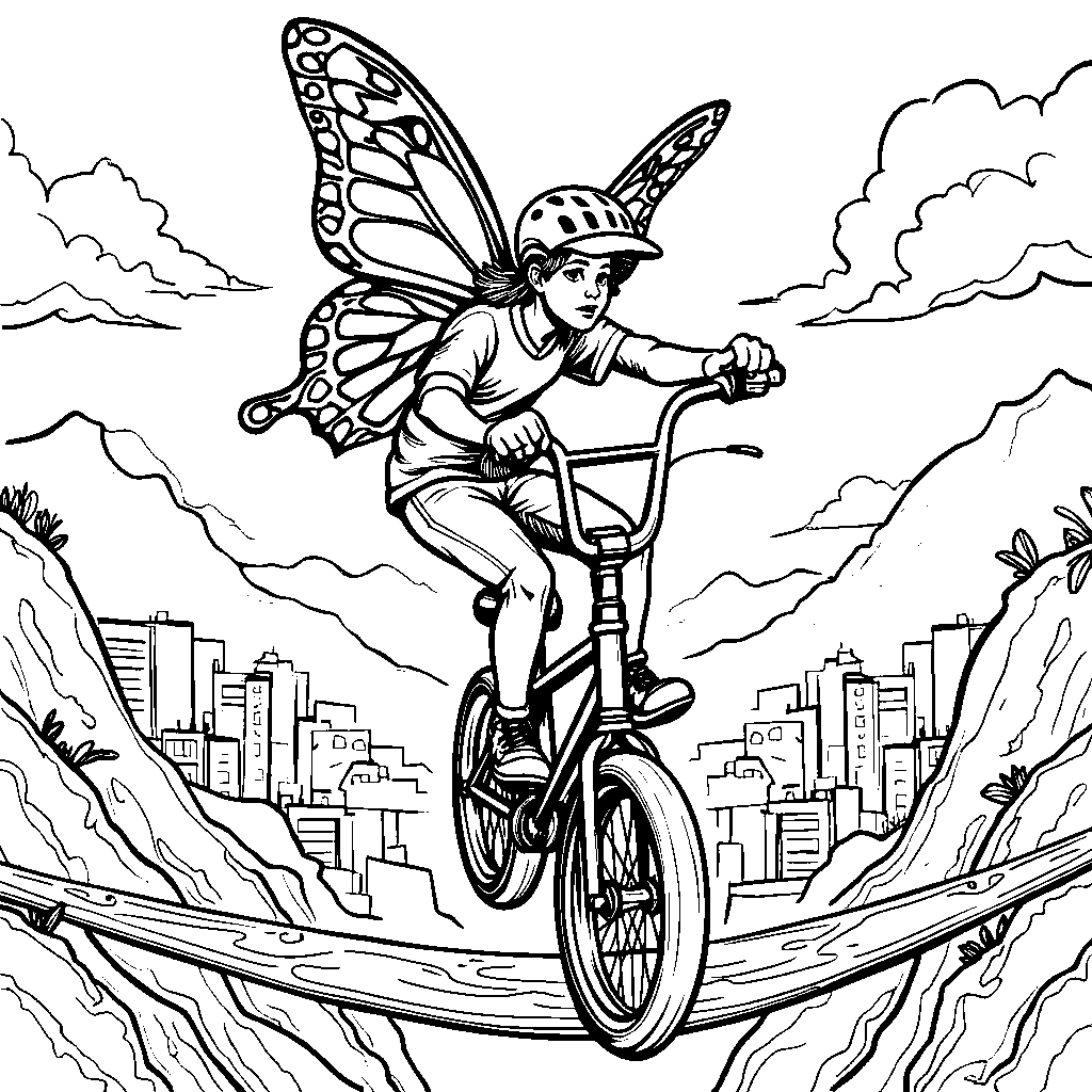 A butterfly riding a unicycle on a tightrope