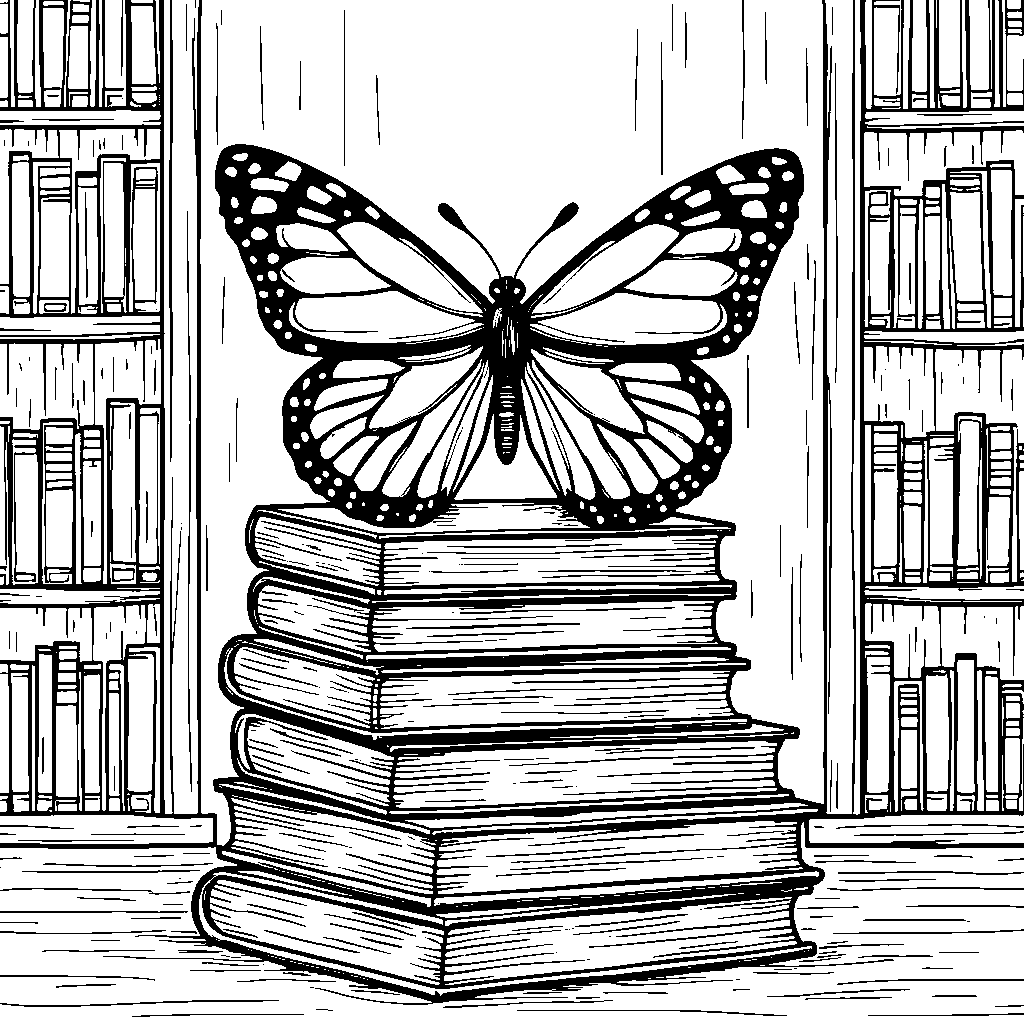 A butterfly sitting on a pile of colorful books in a library