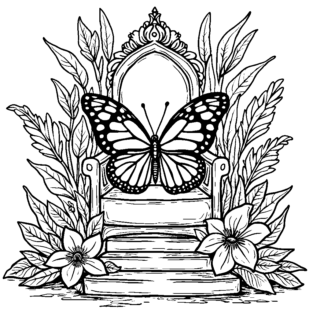 A butterfly sitting on a throne made of flowers and leaves