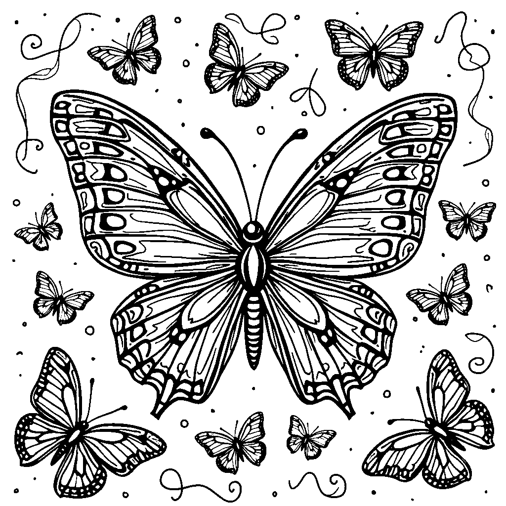 A butterfly surrounded by fluttering butterflies in a kaleidoscope