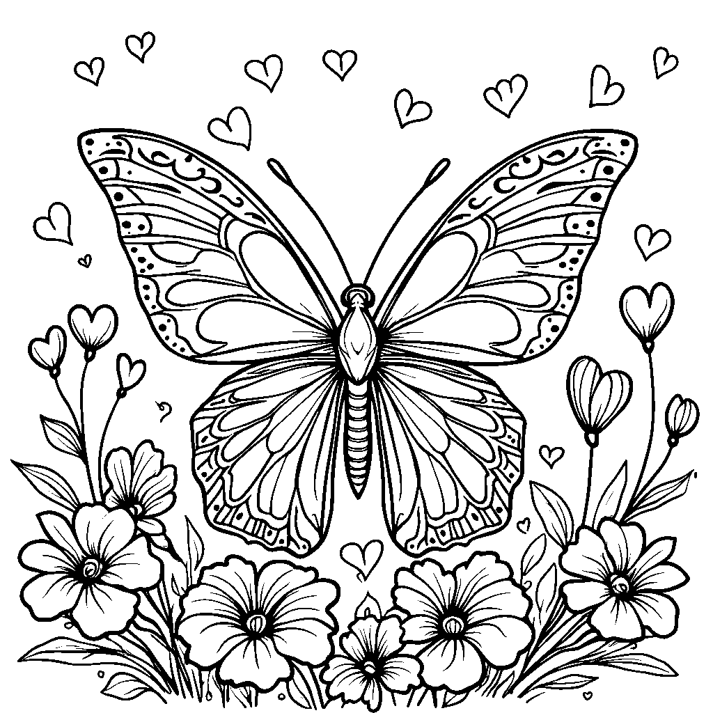 A butterfly surrounded by fluttering hearts and flowers