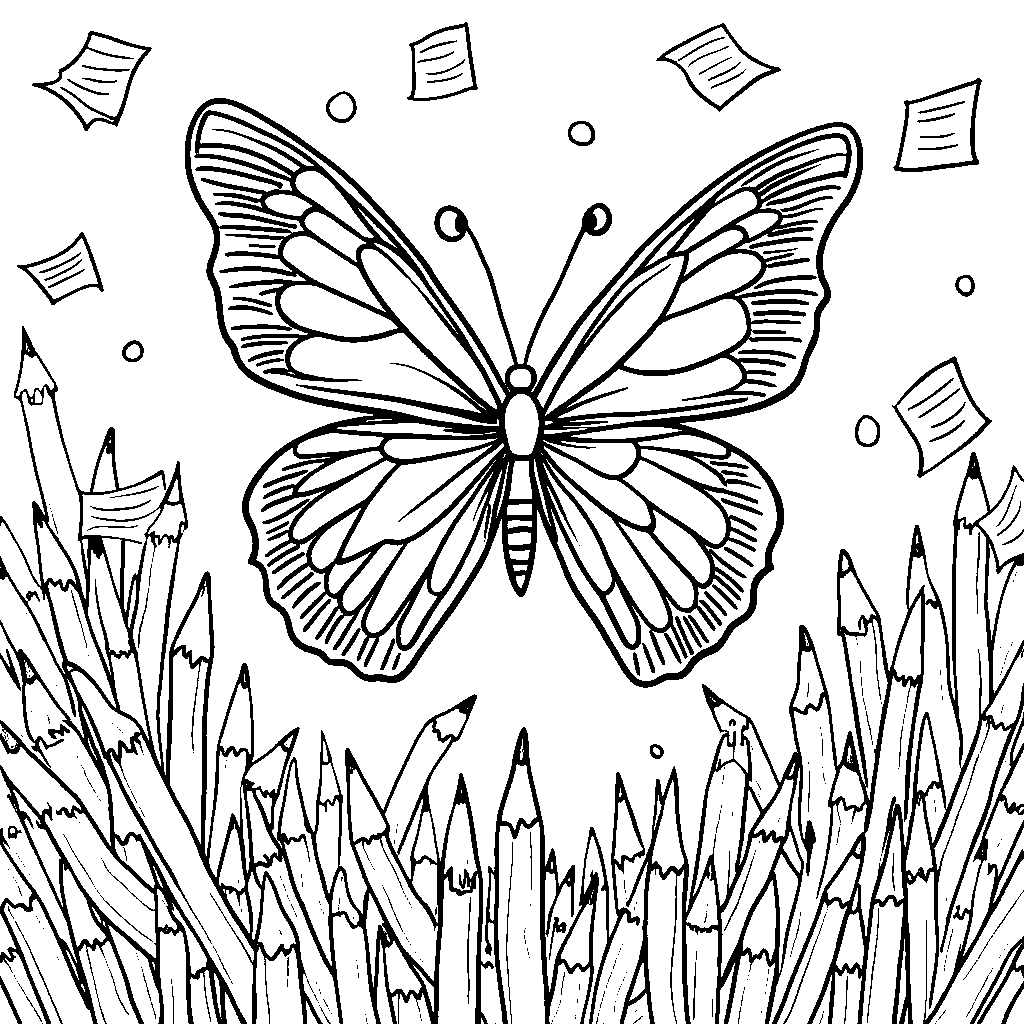 A butterfly surrounded by fluttering papers and pencils