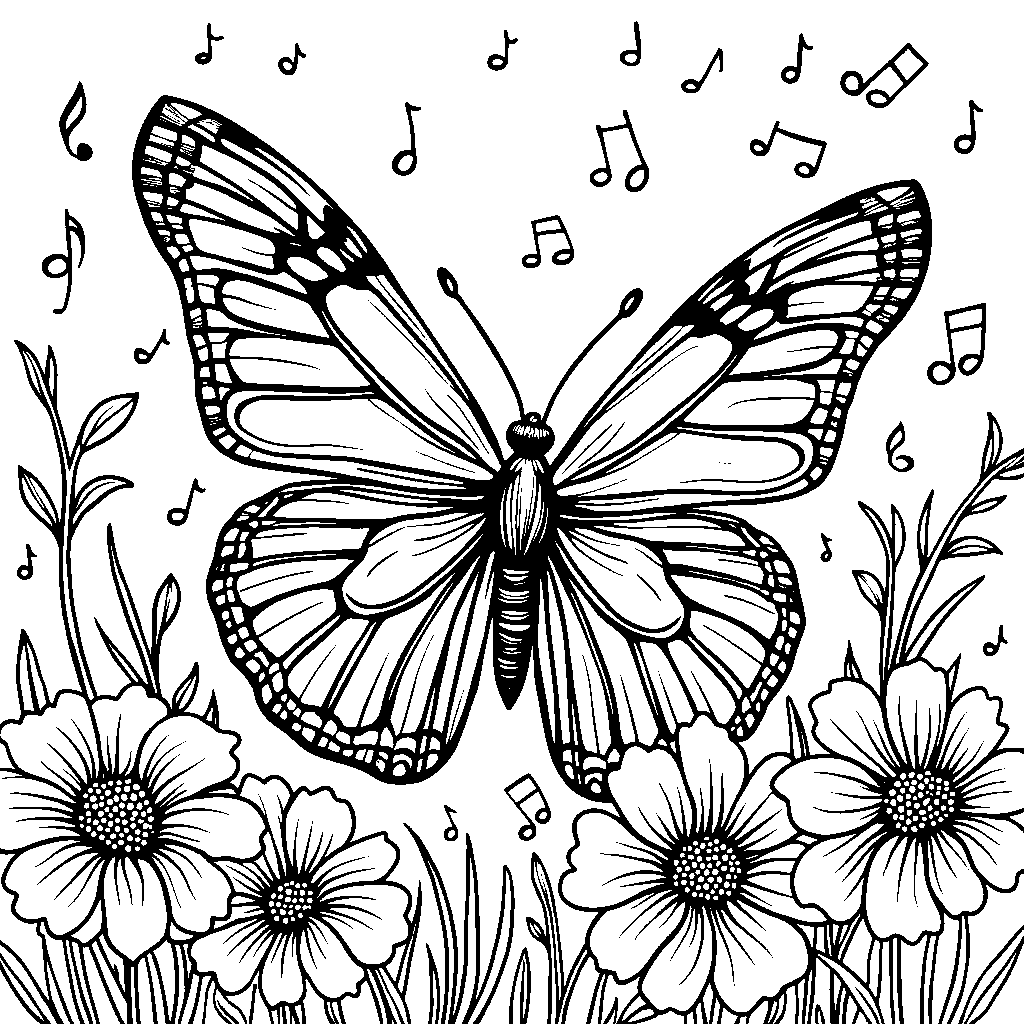 A butterfly surrounded by musical notes and flowers