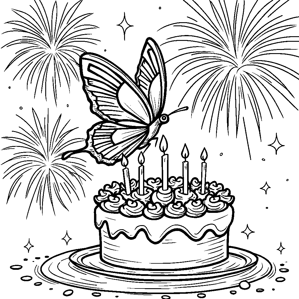 A butterfly surrounded by shimmering fireworks on a birthday cake