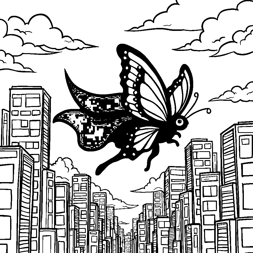 A butterfly wearing a superhero cape and flying through the city