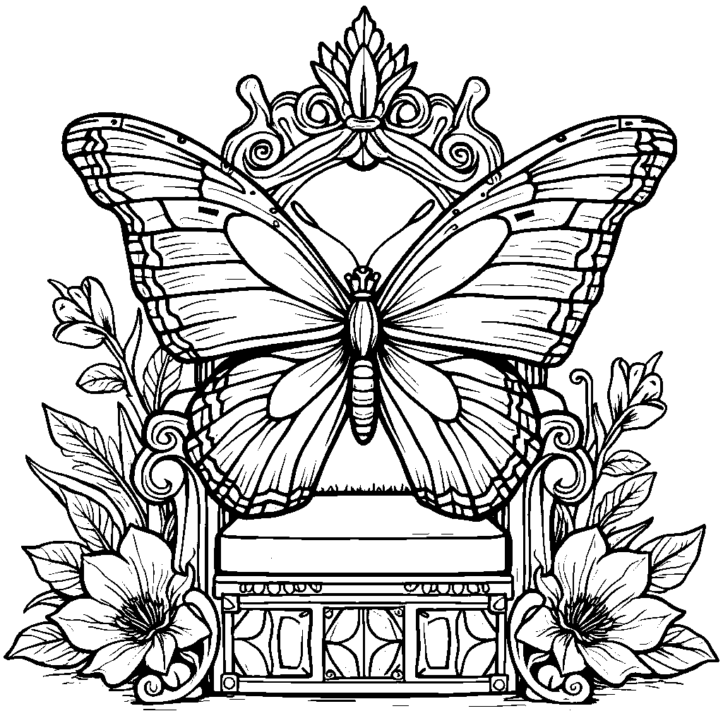 A butterfly wearing a tiny crown and sitting on a throne