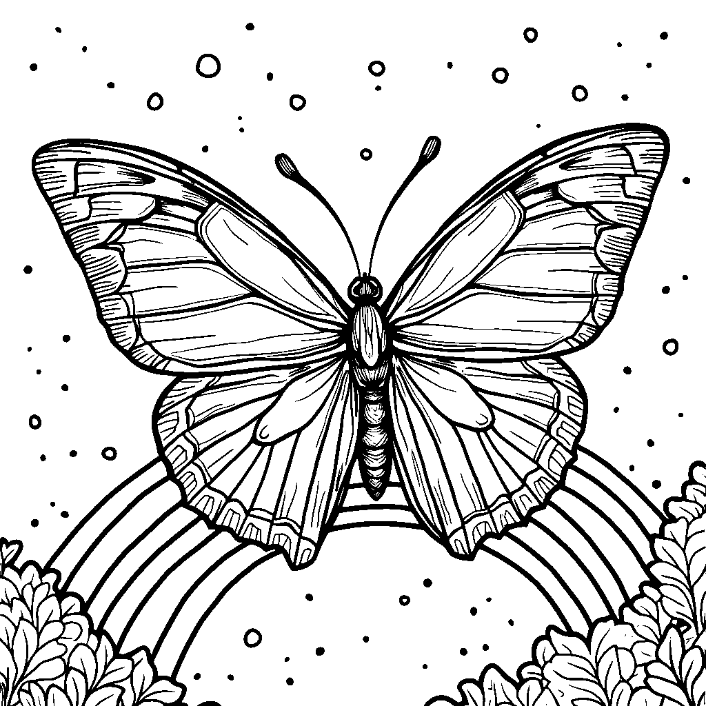 A butterfly with iridescent wings flying over a shimmering rainbow