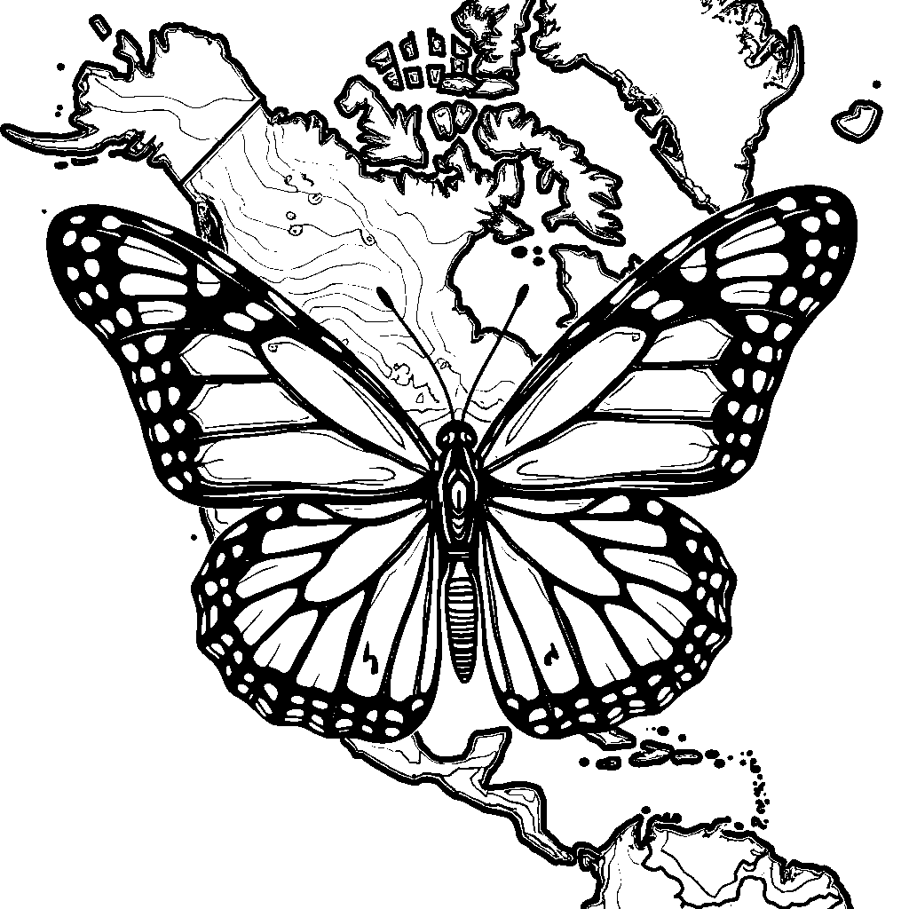 A monarch butterfly migrating across a map of North America