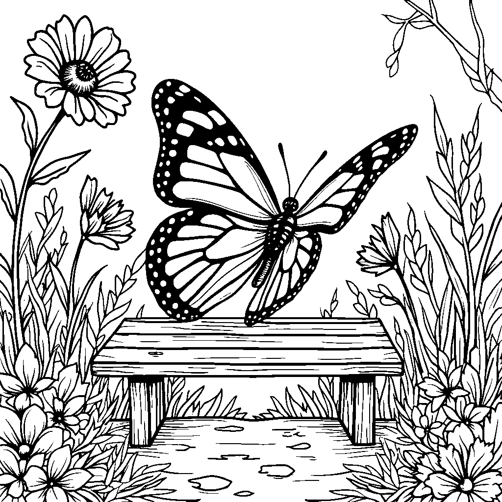 A butterfly in a garden with a tiny bench