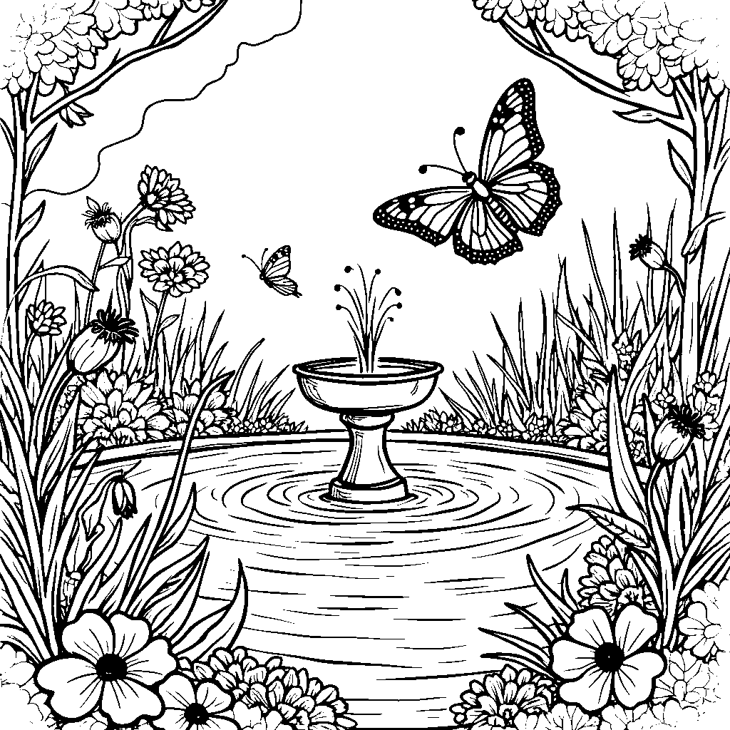 a butterfly in a garden with a tiny fountain