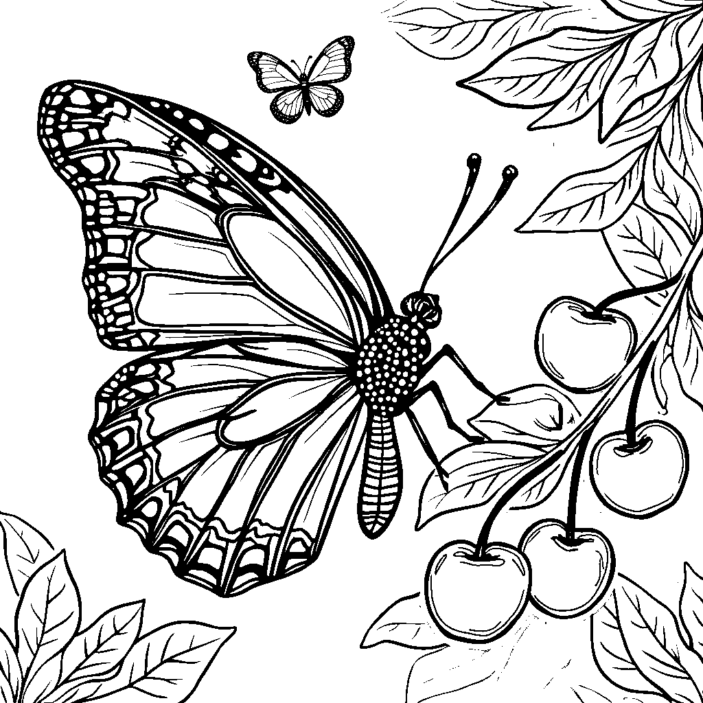 a butterfly on a branch with a few ripe cherries