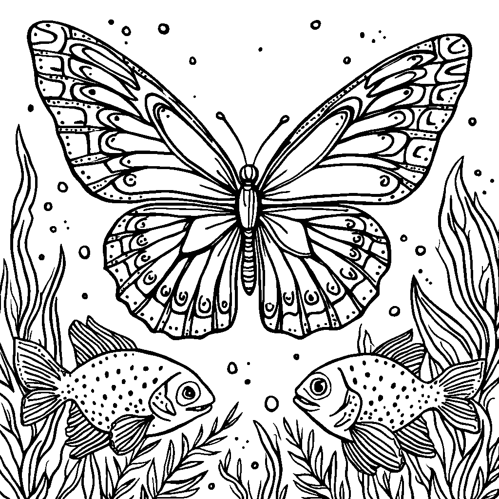 A butterfly surrounded by a school of fish