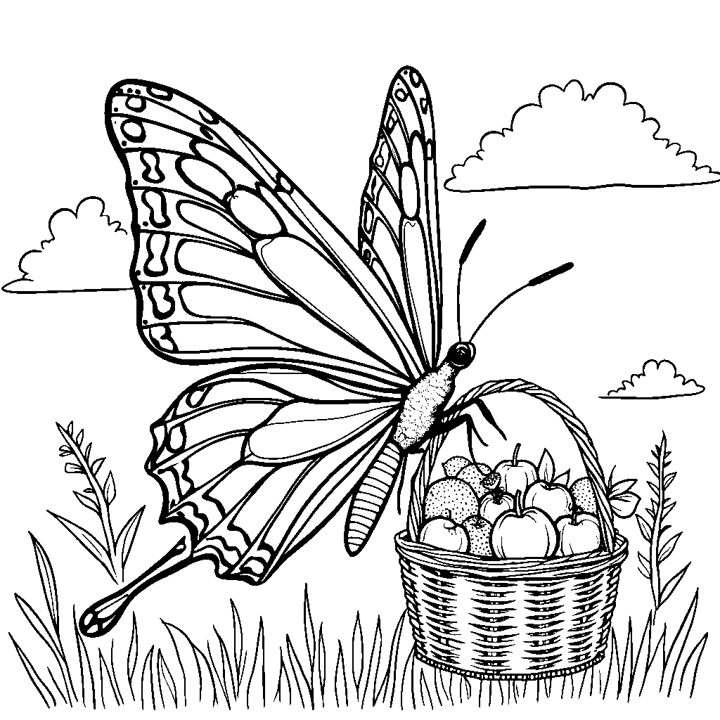 a butterfly with a tiny basket full of fruit