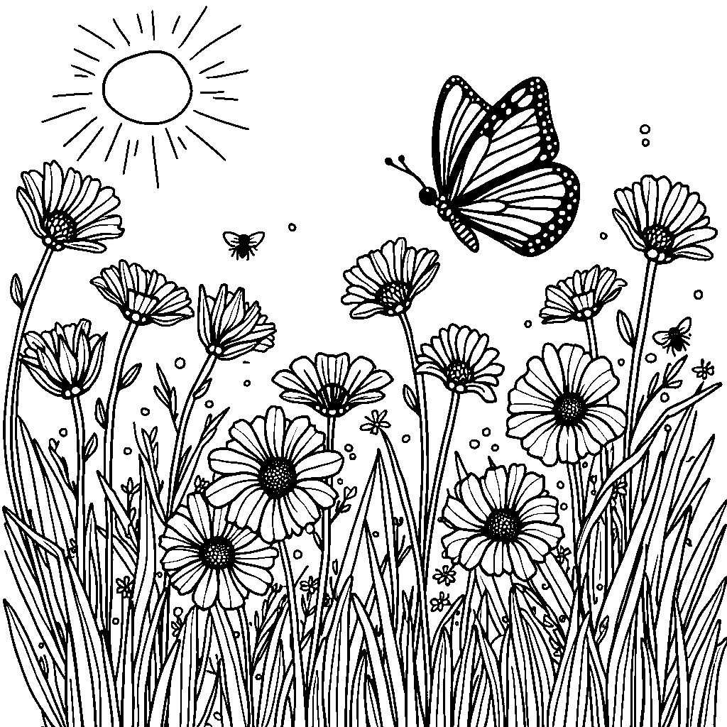 a butterfly in a field of tall, colorful flowers