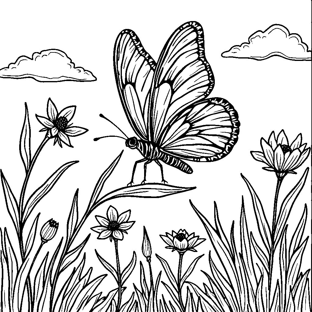 A butterfly in a field of tall, wavy grass