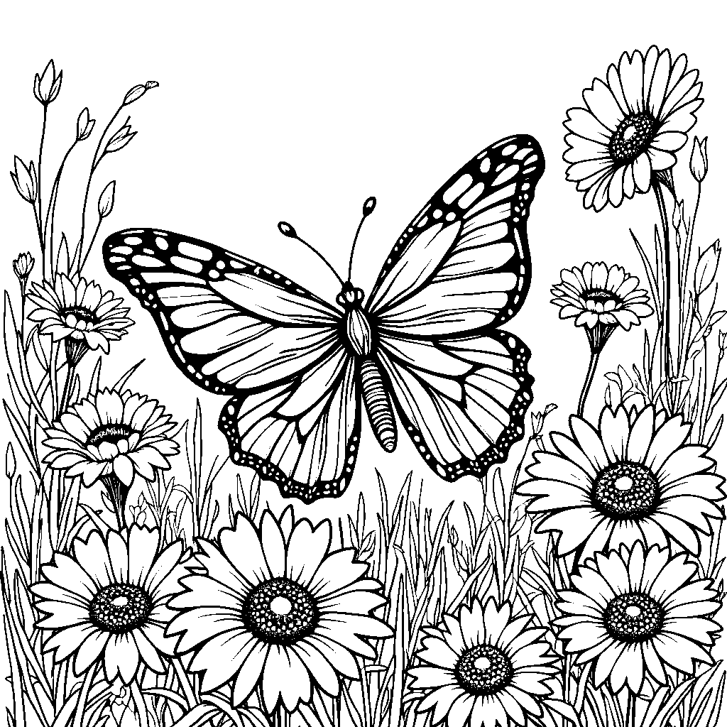 A butterfly in a garden filled with colorful flowers