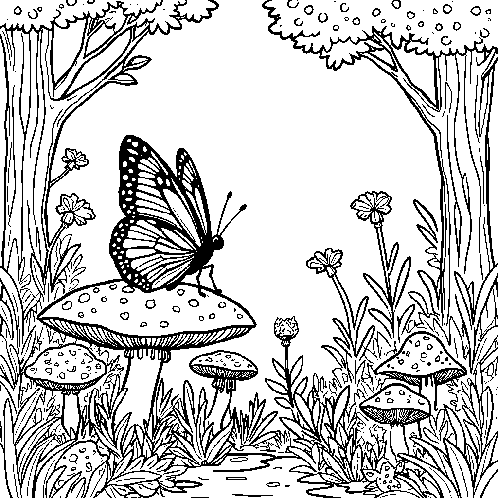 A butterfly in a magical forest with mushrooms