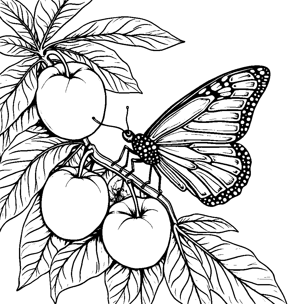 A butterfly on a branch with a few ripe apples