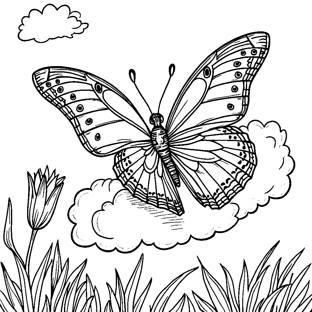 A butterfly with a big, fluffy cloud behind it