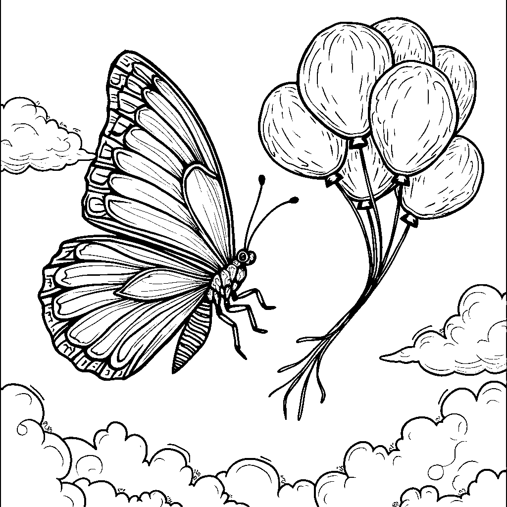 A butterfly with a bouquet of balloons