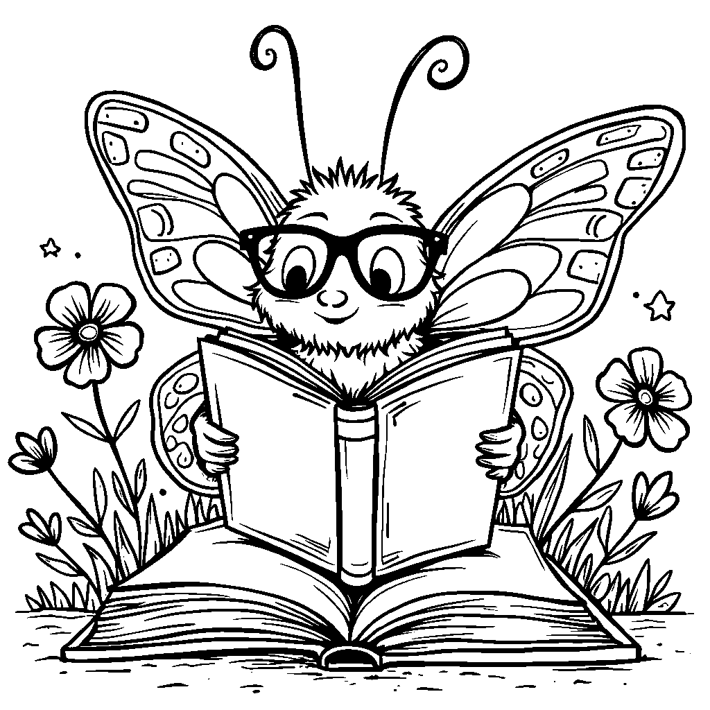 a butterfly with a tiny book and reading glasses