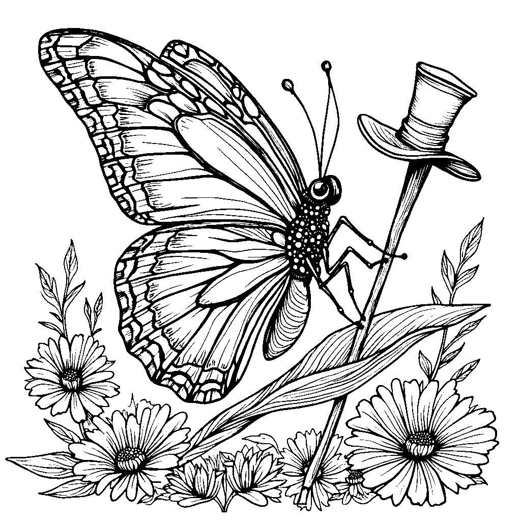 a butterfly with a tiny hat and walking stick