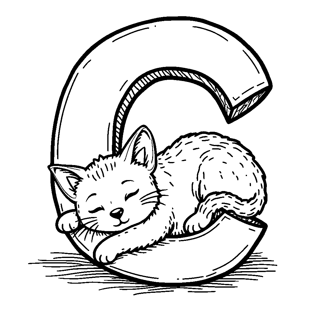 A cute cartoon cat sleeping on the letter C