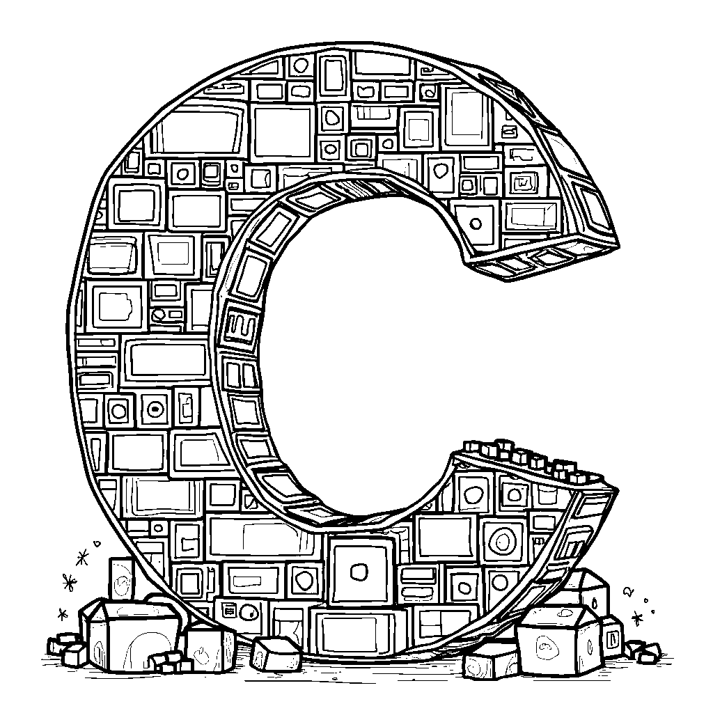 A giant letter C made out of building blocks