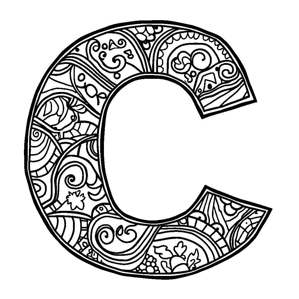 A letter C decorated with fun, abstract patterns