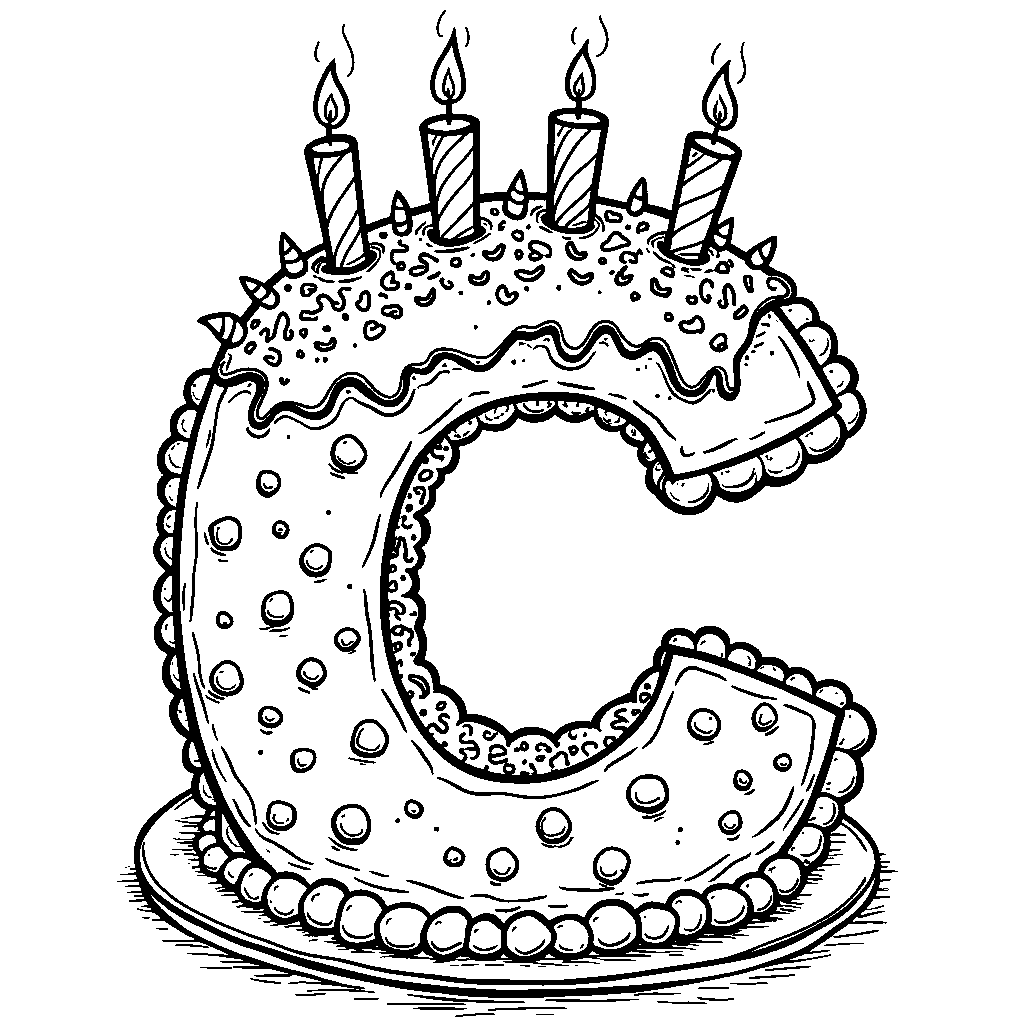 A letter C depicted as a giant birthday cake with candles