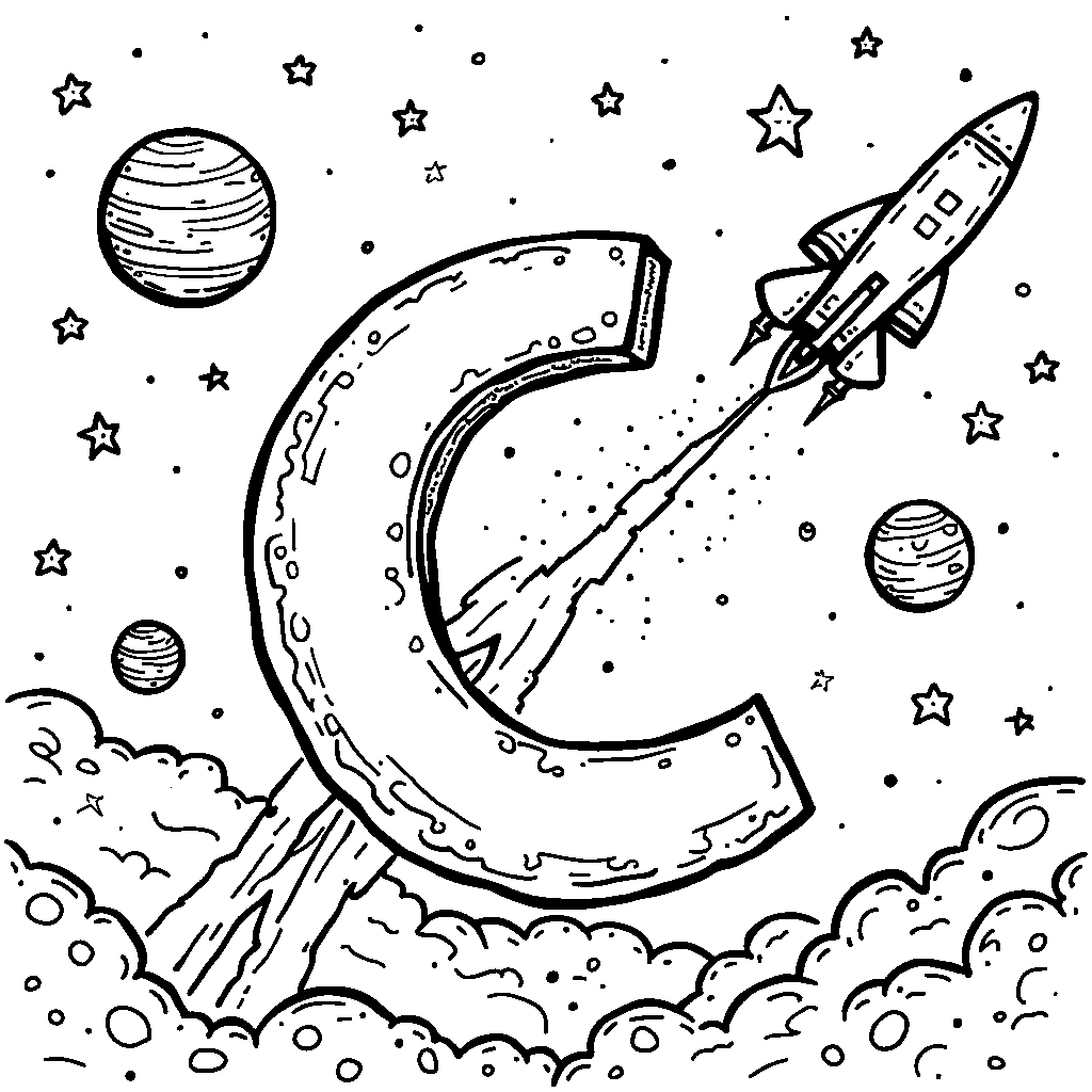 A letter C depicted as a spaceship flying among the stars