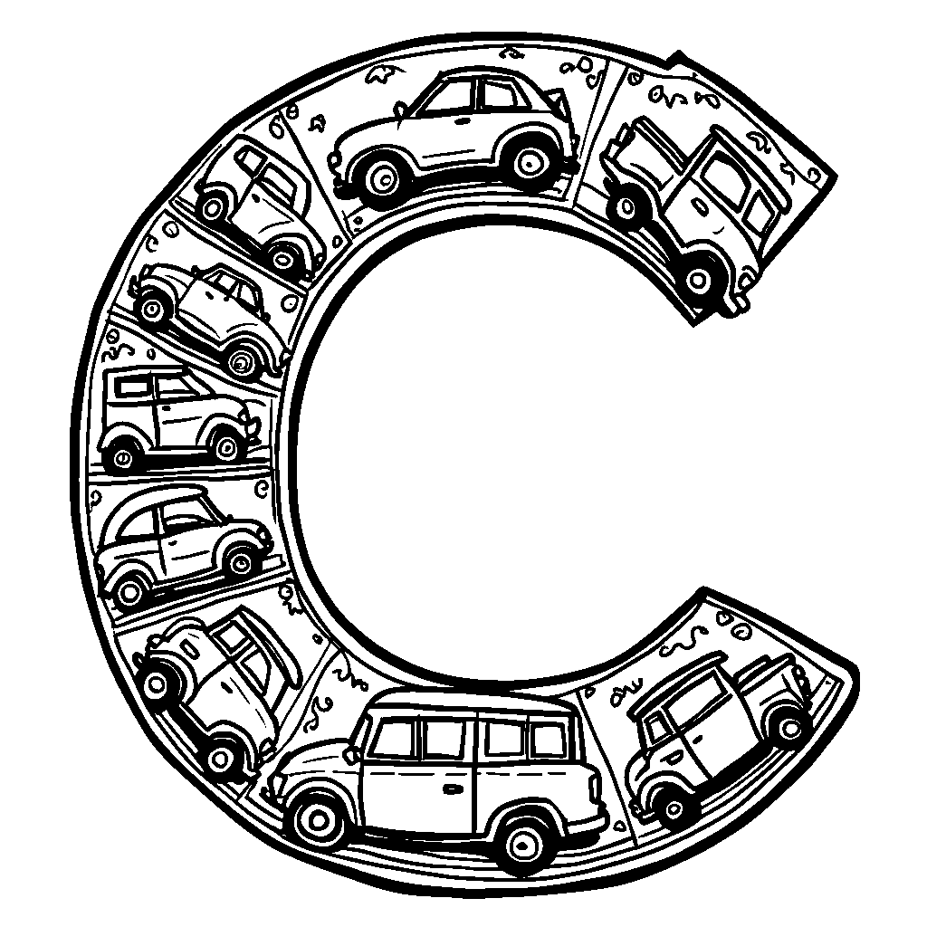 A letter C encircled by different modes of transportation: cars, bikes, and trains