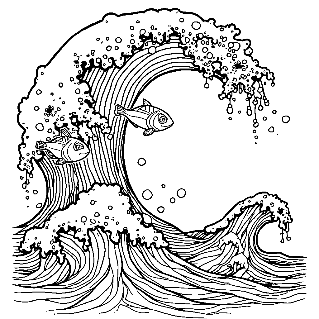 A letter C formed by the waves of the ocean with little fish