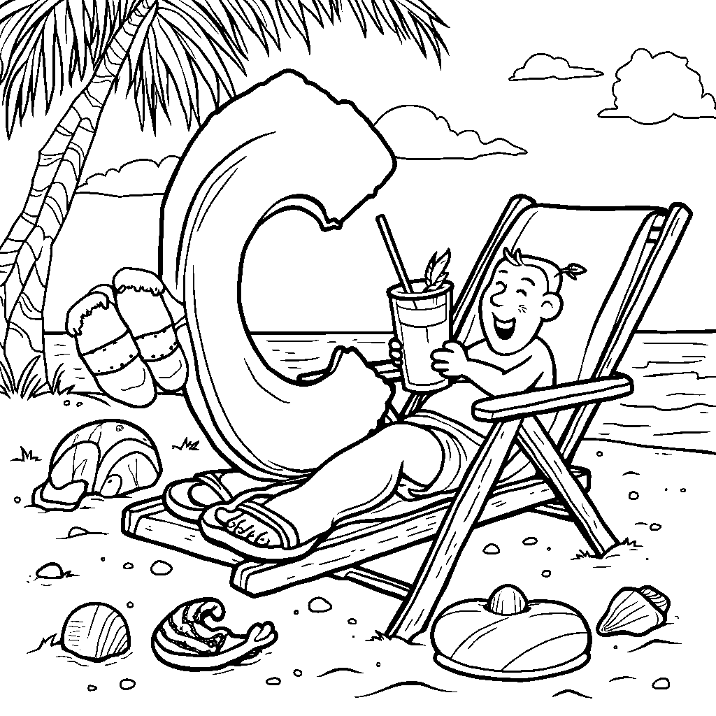 A letter C lounging on a beach chair with flip-flops and a drink