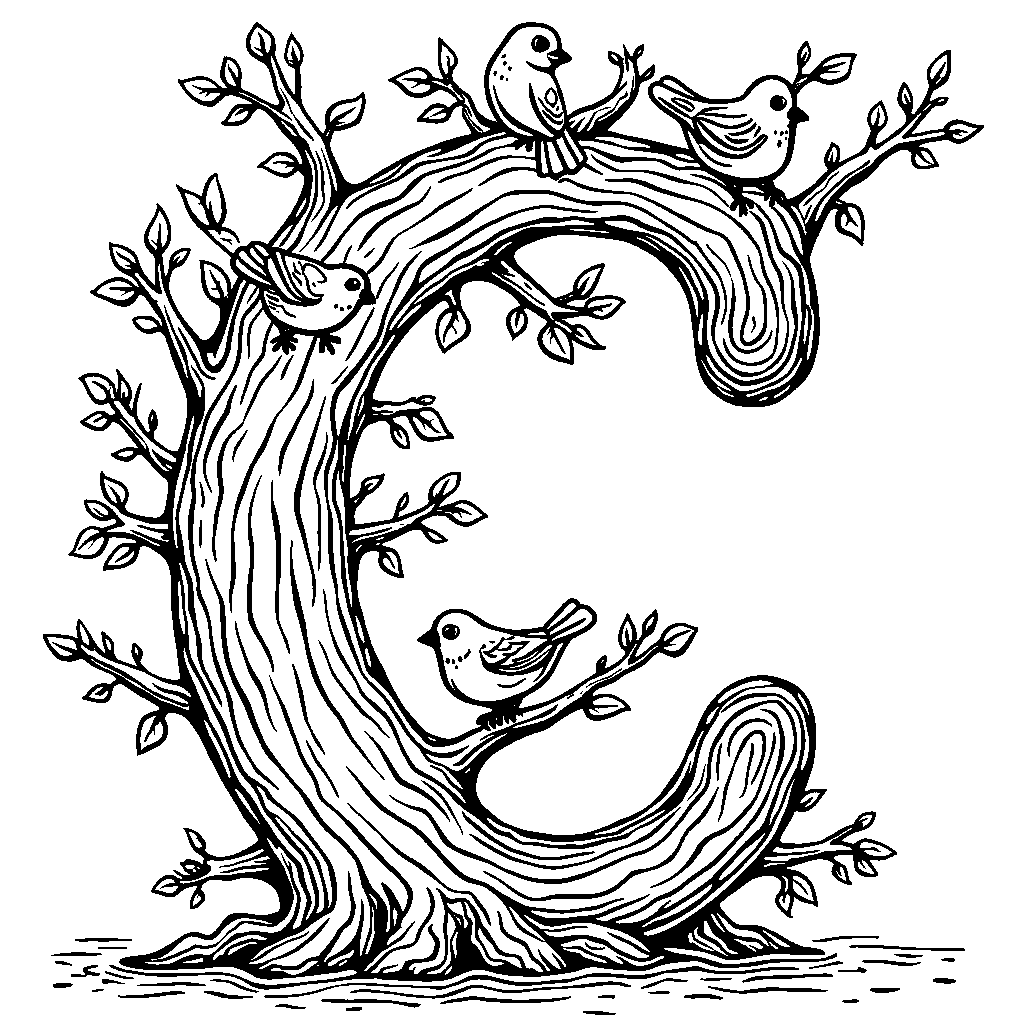 A letter C made from the branches of a tree, with birds in it