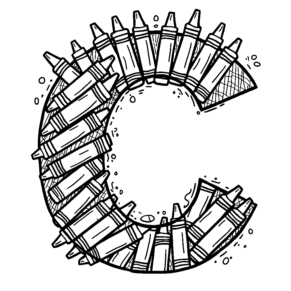 A letter C made up of colorful crayons and art supplies