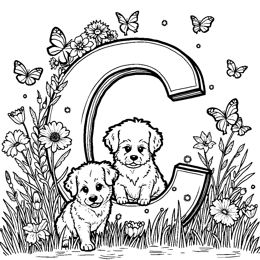 A letter C surrounded by playful puppies and kittens