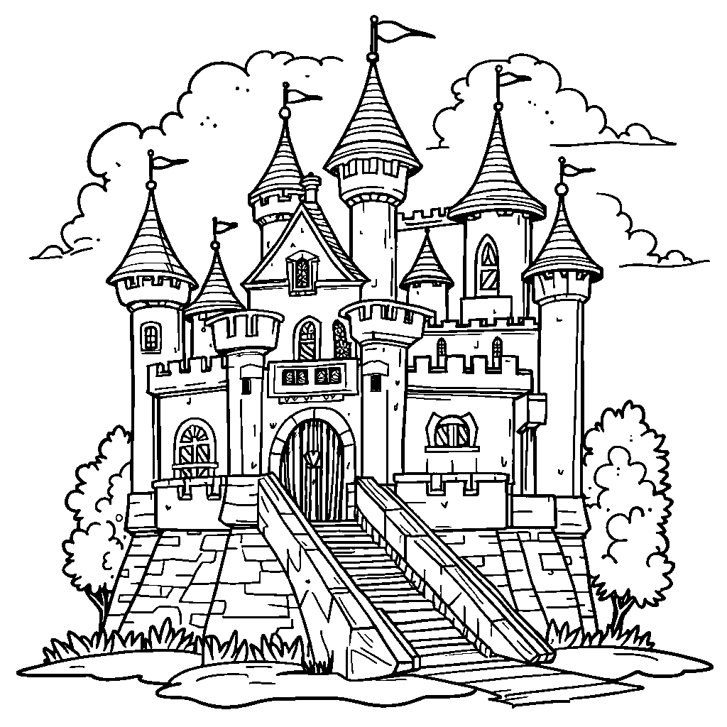 A letter C transformed into a fairy tale castle with a drawbridge