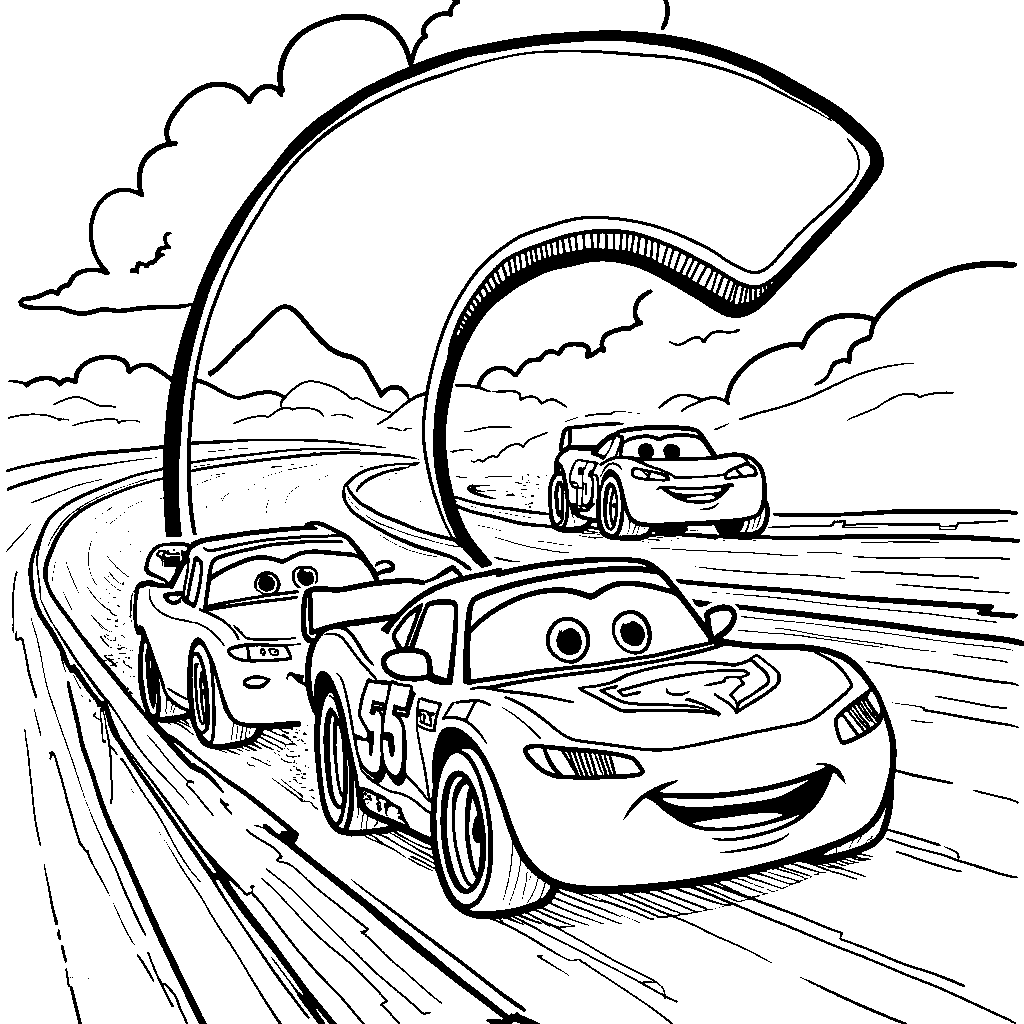 A letter C with cartoon cars racing around it on a racetrack