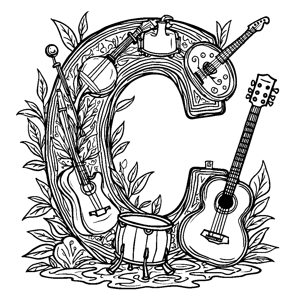 A musical note shaped like the letter C surrounded by instruments