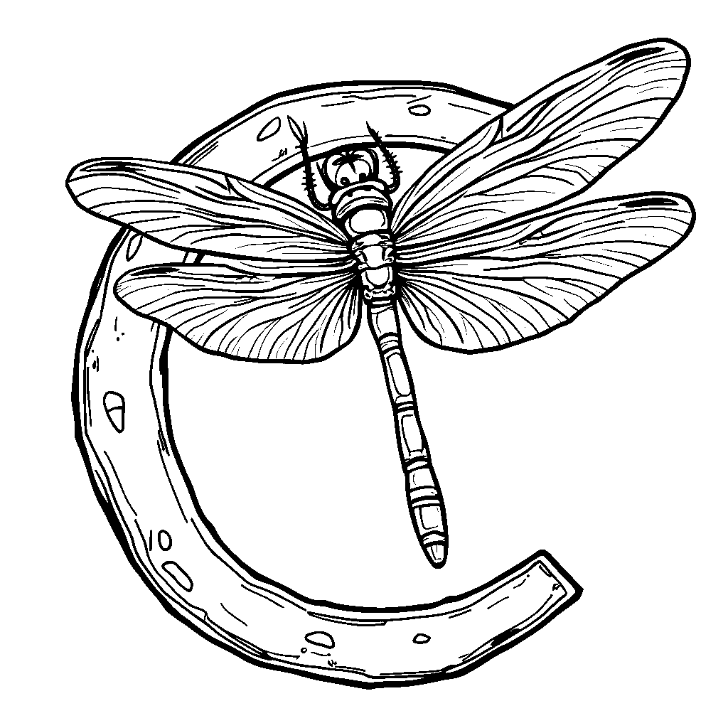 A whimsical dragonfly perched on the letter C