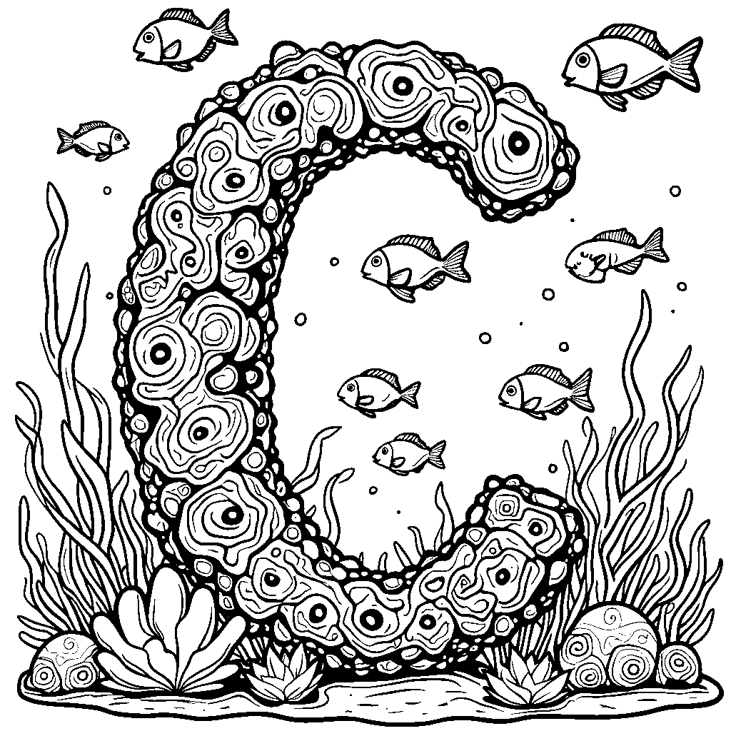 An underwater scene with a letter C made of coral and fish swimming around it