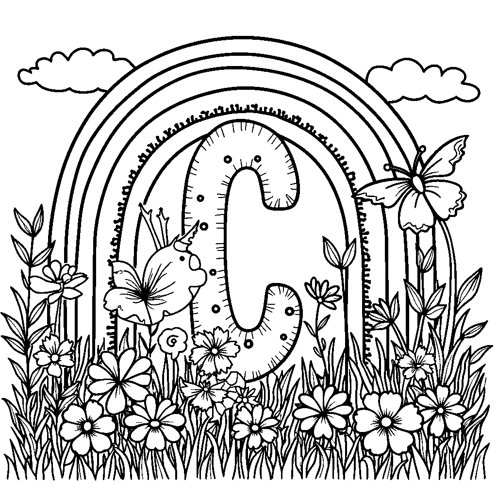 The letter C as a colorful rainbow arching over a meadow