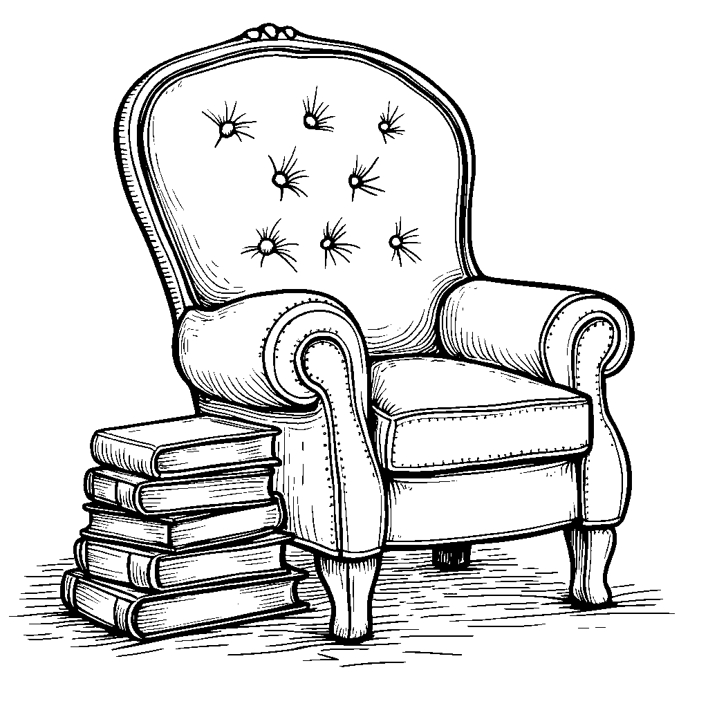 The letter C as a cozy armchair with a stack of books beside it