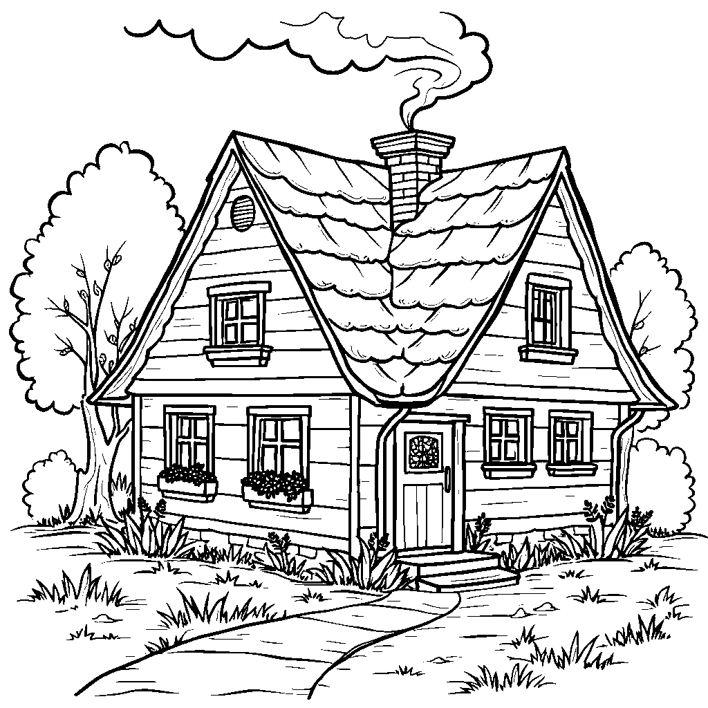 The letter C as a cozy home with a chimney and smoke coming out