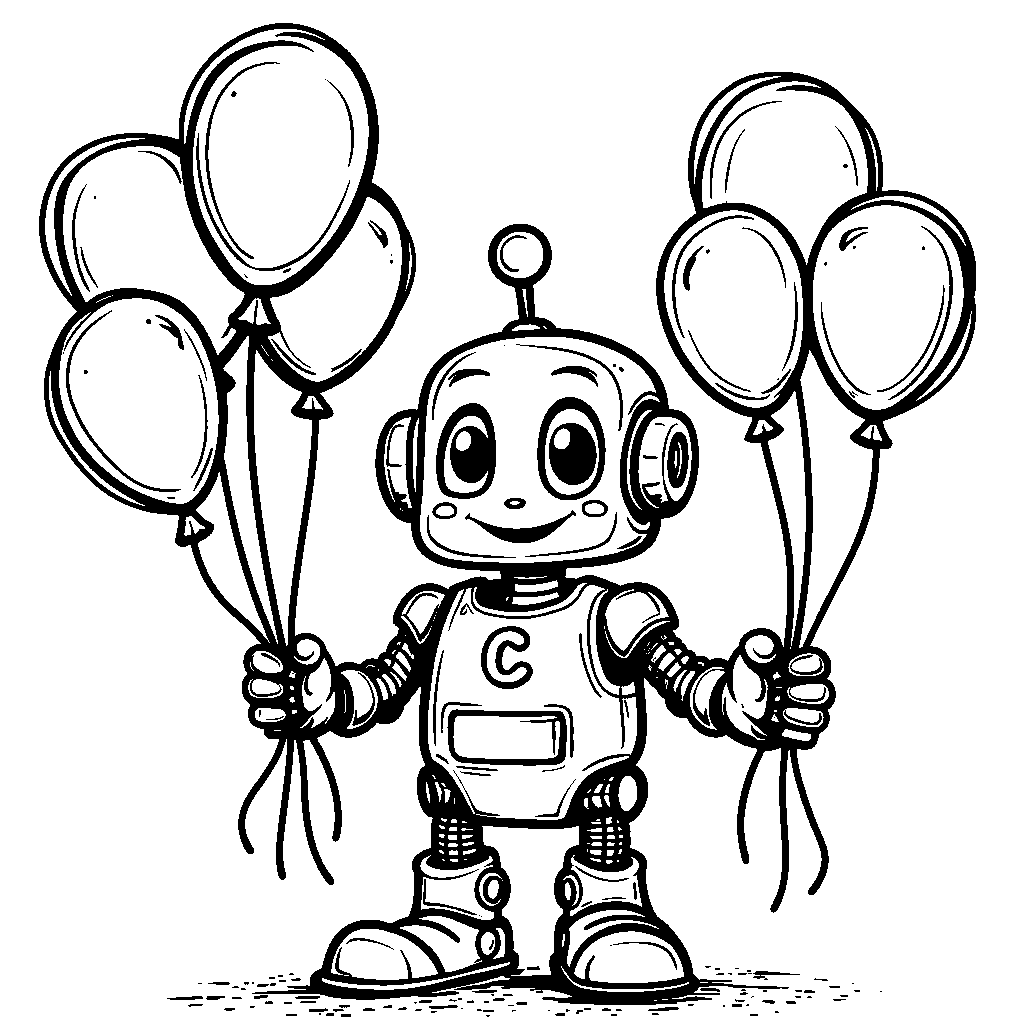 The letter C as a friendly robot holding balloons