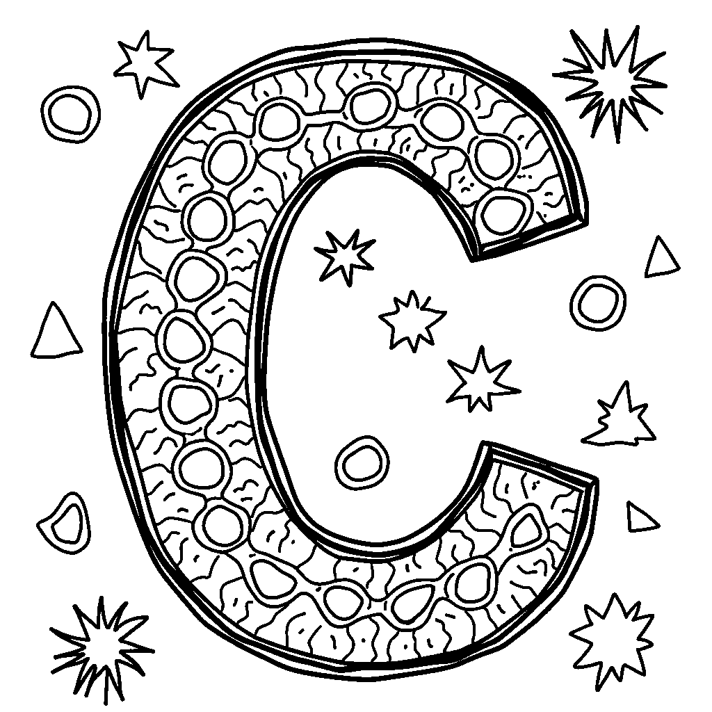 The letter C decorated as a matching game with shapes all around