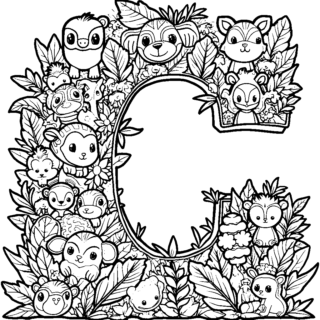 The letter C illustrated in a jungle with various animals peeking out