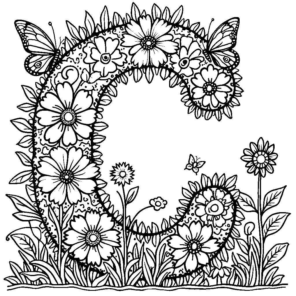 The letter C in the middle of a whimsical garden with flowers and butterflies